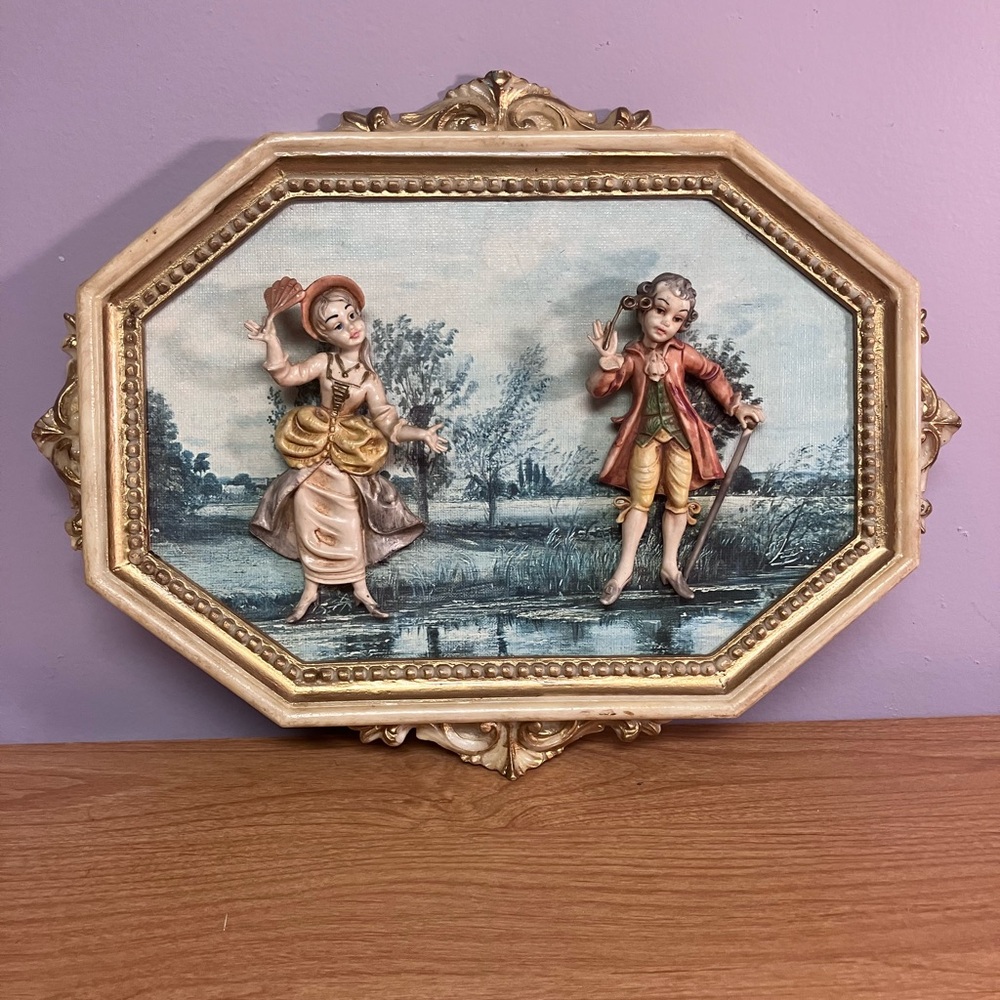 Vintage Ceramic Wall Art with Gold Frame Italy canvas oil